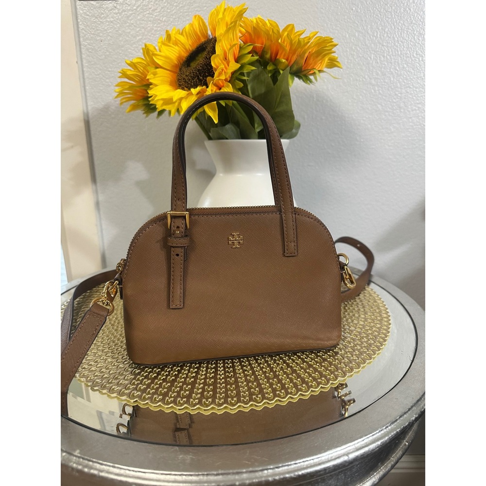 Tory Burch Robinson Mini Dome Satchel Brown Saffiano Leather Crossbody Bag